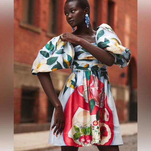 Oscar De La Renta Painted Tablescape Puff-Sleeve Mini Dress